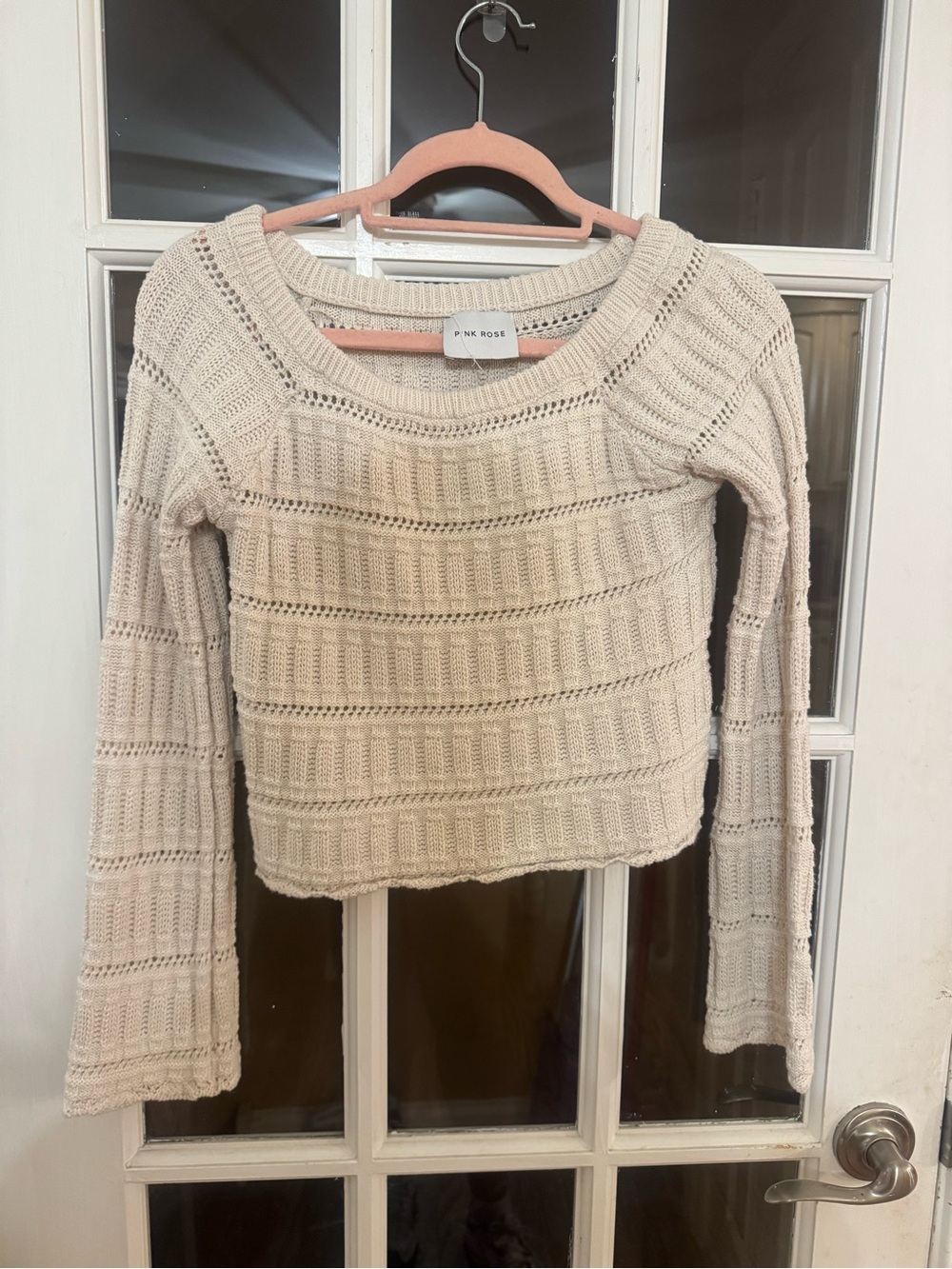 Pink Rose Cream Open-Stitch Crew Neck Sweater